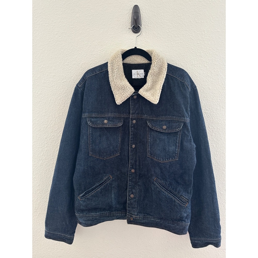 Calvin Klein Jeans Denim Trucker Jacket Mens XL Blue Sherpa Collar Americana